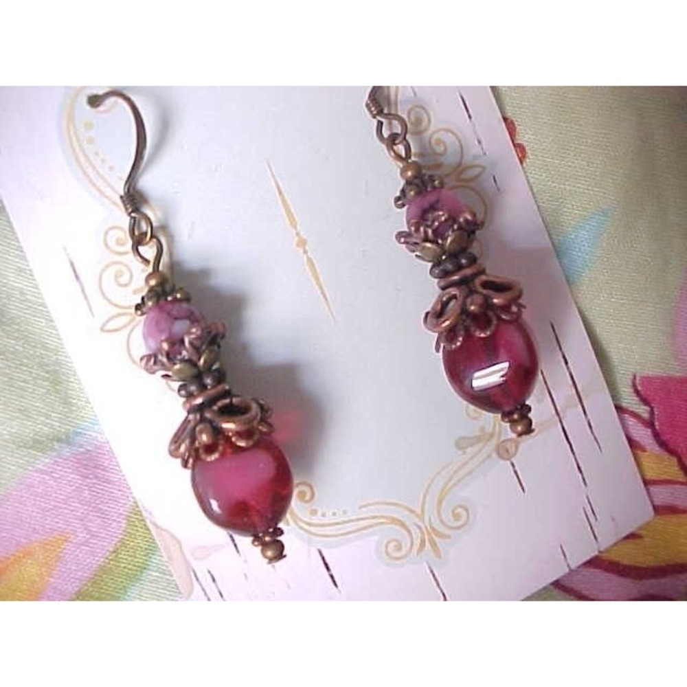 Art to Wear Copper Cranberry Pink Collectible Magenta Glass Bead Earrings Gift